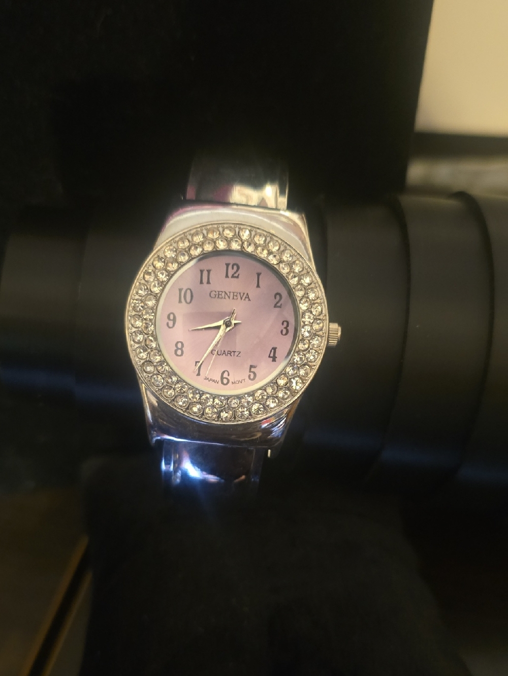 Geneva Silver-tone Bangle Watch with Pink Dial and Crystal Bezel,needs A Battery